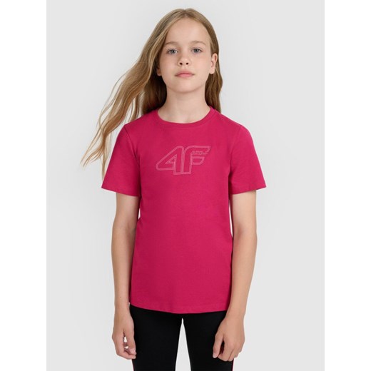 Dziewczęcy t-shirt z nadrukiem 4F 4FJWAW25TTSHF2388 - różowy ze sklepu Sportstylestory.com w kategorii Bluzki dziewczęce - zdjęcie 185769894