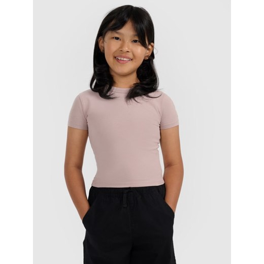 Dziewczęcy crop top 4F 4FJWAW25TTSHF2393 - beżowy ze sklepu Sportstylestory.com w kategorii Bluzki dziewczęce - zdjęcie 185769910