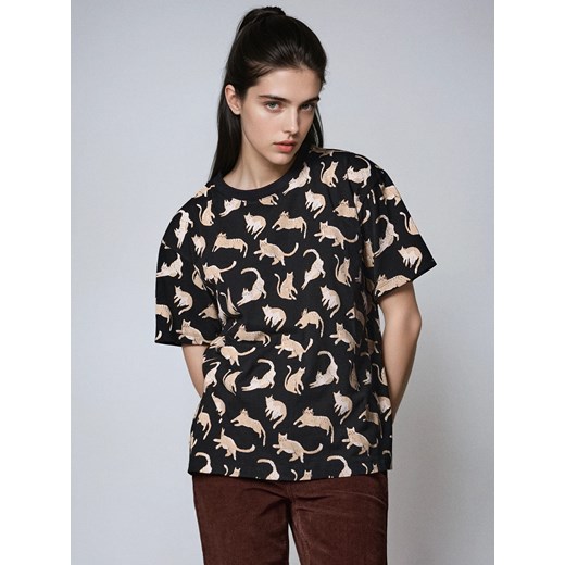 Sinsay - Koszulka z motywem kotów - czarny Sinsay S Sinsay