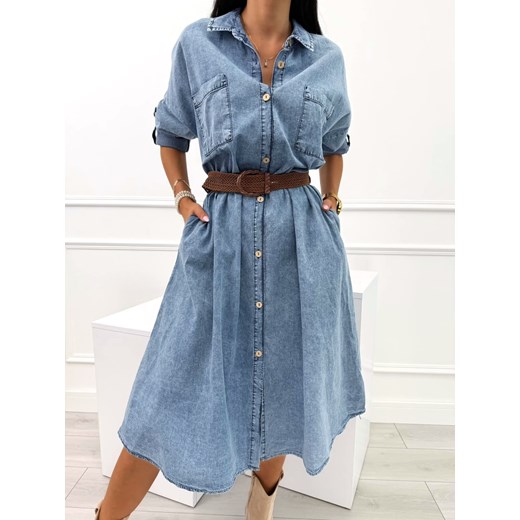 Niebieska Jeansowa Sukienka z Paskiem i Kieszeniami Modnakiecka.pl 44 ModnaKiecka.pl