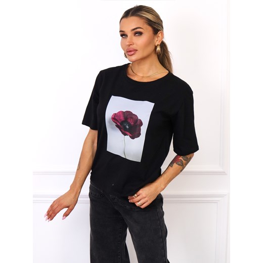 T-SHIRT Z NADRUKIEM KWIATKA- CZARNY ze sklepu olika.com.pl w kategorii Bluzki damskie - zdjęcie 185794972