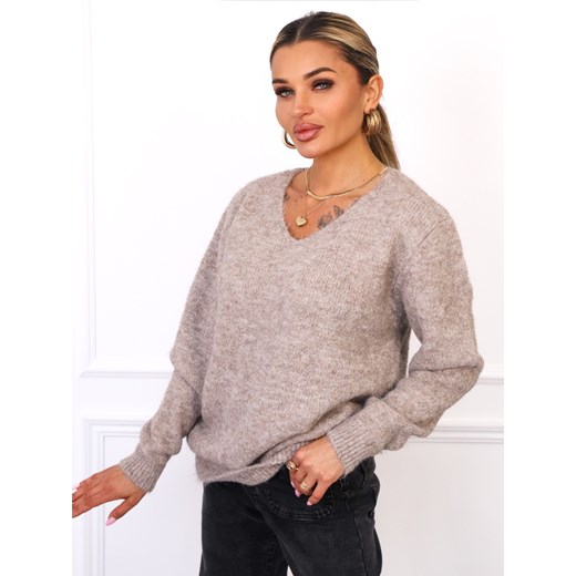 SWETER OVERSIZE Z DEKOLTEM W SEREK- BRĄZOWY ze sklepu olika.com.pl w kategorii Swetry damskie - zdjęcie 185795022