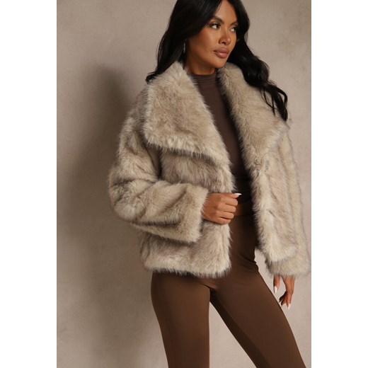 Ciemnobeżowa Kurtka Futrzana Ozdobiona Kołnierzem Avelire ze sklepu renee.pl w kategorii Futra damskie - zdjęcie 185805364