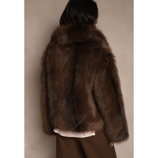 Brązowa Kurtka Futerko z Ozdobnym Kołnierzem Fitene Renee ONE SIZE renee.pl