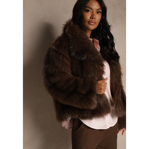 Brązowa Kurtka Futerko z Ozdobnym Kołnierzem Fitene Renee ONE SIZE renee.pl