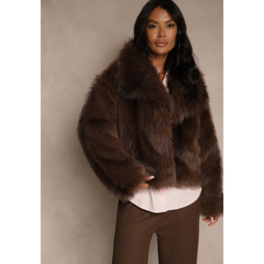 Brązowa Kurtka Futerko z Ozdobnym Kołnierzem Fitene Renee ONE SIZE renee.pl