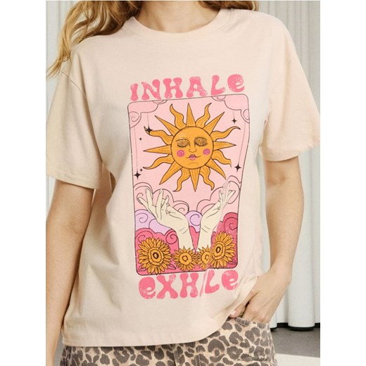 Sinsay - Bawełniana koszulka z nadrukiem - kremowy ze sklepu Sinsay w kategorii Bluzki damskie - zdjęcie 185811741