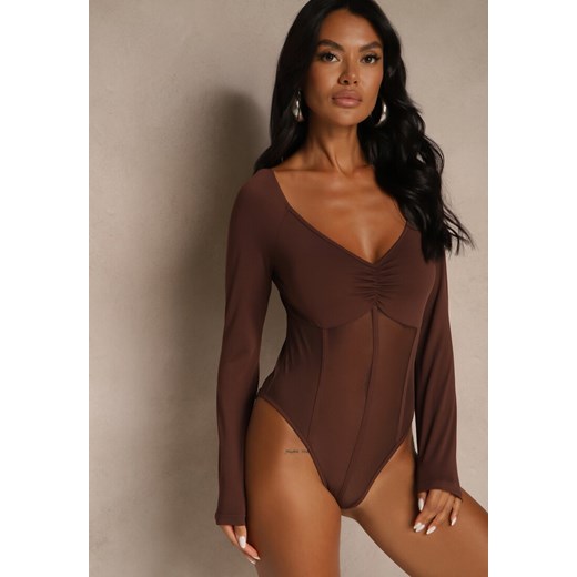 Brązowe Body Vices o Fasonie Longsleeve z Dekoltem w Kształcie V Asstre ze sklepu renee.pl w kategorii Body damskie - zdjęcie 185812122