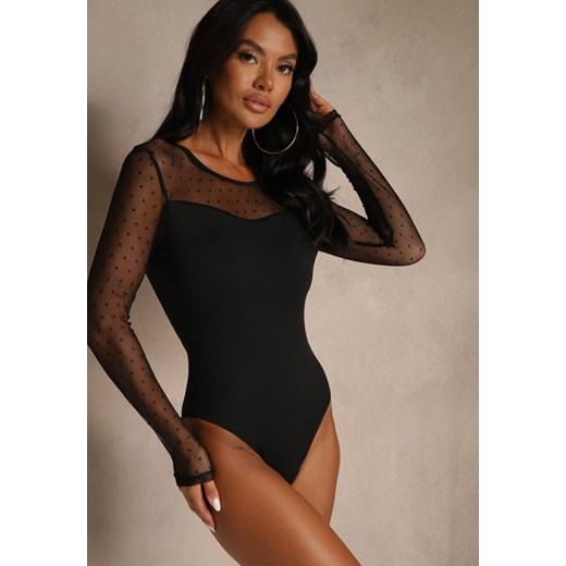 Czarne Body Vices Ozdobione Przezroczystymi Rękawami z Kropkami Hirrne ze sklepu renee.pl w kategorii Body damskie - zdjęcie 185812130