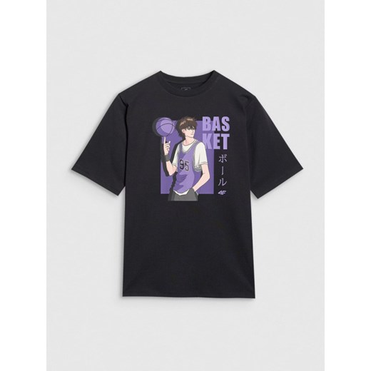 Chłopięcy t-shirt oversize z nadrukiem 4F 4FJRAW25TTSHM3062 - czarny ze sklepu Sportstylestory.com w kategorii T-shirty chłopięce - zdjęcie 185812210