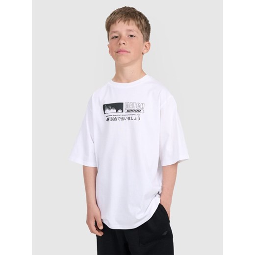 Chłopięcy t-shirt oversize z nadrukiem 4F 4FJRAW25TTSHM3065 - biały ze sklepu Sportstylestory.com w kategorii T-shirty chłopięce - zdjęcie 185812224