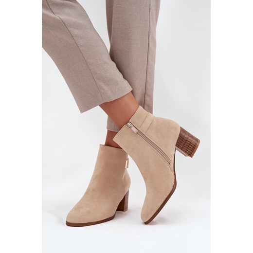 Damskie Botki Obcas Słupek Złoty Detal Ocieplane Beżowe Renora Boto 38 ZAZOO