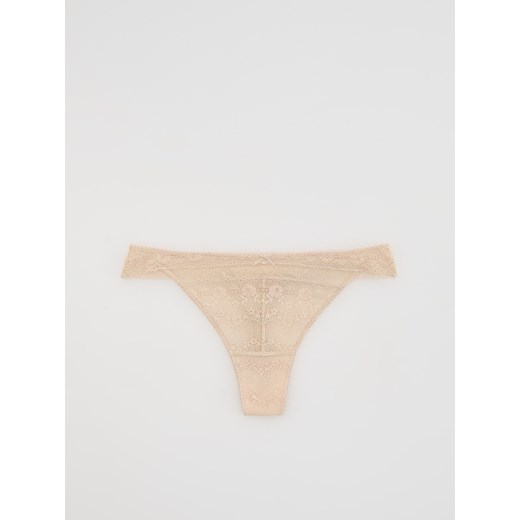 Reserved - Koronkowe majtki typu stringi - kremowy Reserved L Reserved