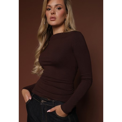Brązowa Wiskozowa Bluzka Longsleeve z Dekoltem Typu Łódka Zaide ze sklepu renee.pl w kategorii Bluzki damskie - zdjęcie 185829191
