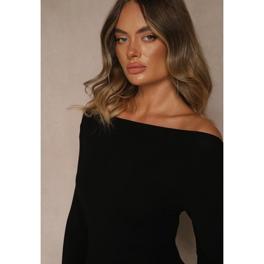 Czarna Wiskozowa Bluzka Longsleeve z Dekoltem Typu Łódka Zaide Renee S renee.pl