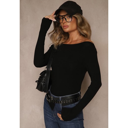 Czarna Wiskozowa Bluzka Longsleeve z Dekoltem Typu Łódka Zaide ze sklepu renee.pl w kategorii Bluzki damskie - zdjęcie 185832801