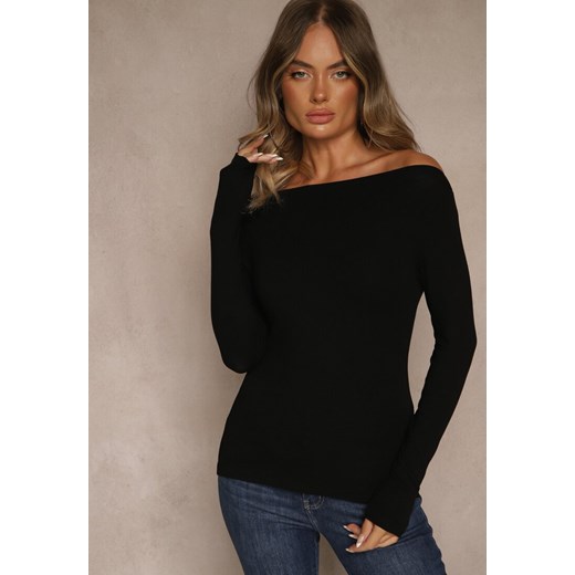 Czarna Wiskozowa Bluzka Longsleeve z Dekoltem Typu Łódka Zaide ze sklepu renee.pl w kategorii Bluzki damskie - zdjęcie 185832802