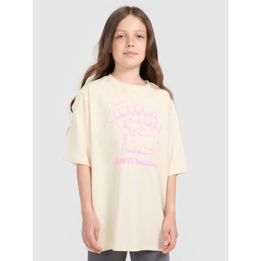 Dziewczęcy t-shirt oversize z nadrukiem 4F 4FJRAW25TTSHF3197 - beżowy ze sklepu Sportstylestory.com w kategorii Bluzki dziewczęce - zdjęcie 185837603