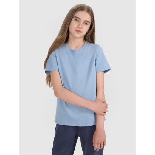 Dziewczęcy t-shirt bez nadruku 4F 4FJRAW25TTSHF3233 - niebieski ze sklepu Sportstylestory.com w kategorii Bluzki dziewczęce - zdjęcie 185837692