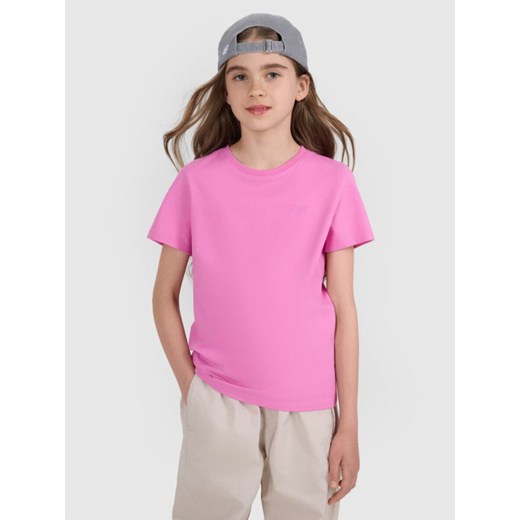 Dziewczęcy t-shirt bez nadruku 4F 4FJRAW25TTSHF3233 - różowy ze sklepu Sportstylestory.com w kategorii Bluzki dziewczęce - zdjęcie 185837714