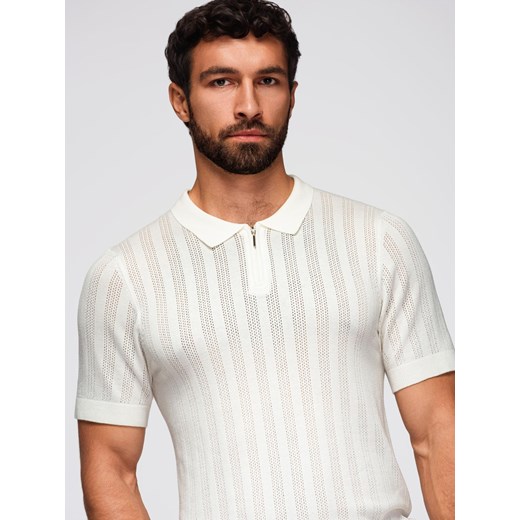 Ażurowa koszulka polo męska z suwakiem przy dekolcie – biała V1 OM-POSS-0158 ze sklepu ombre w kategorii T-shirty męskie - zdjęcie 185843173