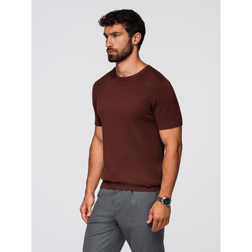 Męska klasyczna dzianinowa koszulka męska ze ściągaczami– ciepłobrązowa V4 OM-TSCT-0252 ze sklepu ombre w kategorii T-shirty męskie - zdjęcie 185843223