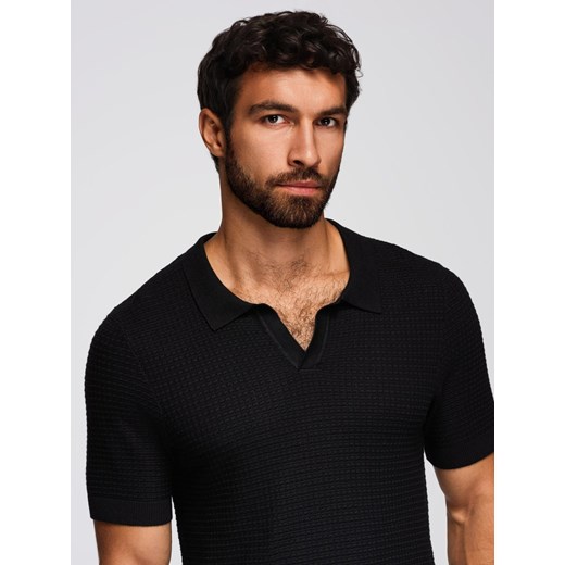Dzianinowa koszulka męska polo bez zapięcia – czarna V3 OM-POSS-0157 ze sklepu ombre w kategorii T-shirty męskie - zdjęcie 185843382