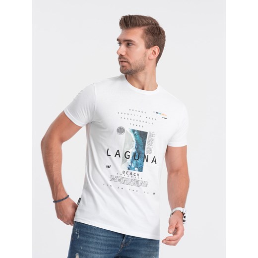 T-shirt męski bawełniany z nadrukiem - biały V1 S1737 ze sklepu ombre w kategorii T-shirty męskie - zdjęcie 185843470