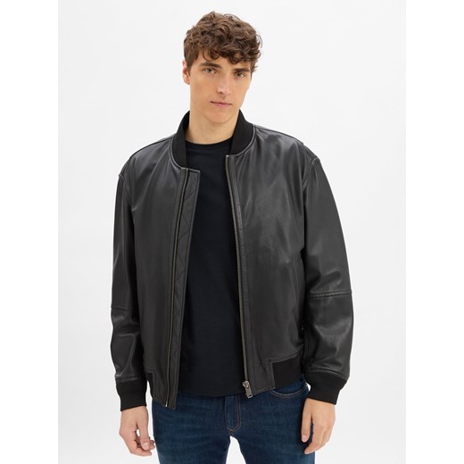 BOSS Orange Męska kurtka skórzana - Jobrice Mężczyźni skóra czarny jednolity ze sklepu vangraaf w kategorii Kurtki męskie - zdjęcie 185851291