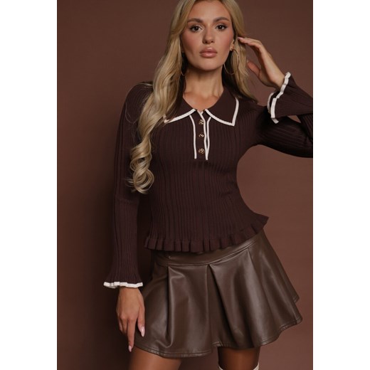 Brązowy Sweter Retro z Wiskozą Zdobiony Kołnierzykiem Falbankami i Guzikami Sirrise ze sklepu renee.pl w kategorii Swetry damskie - zdjęcie 185852290
