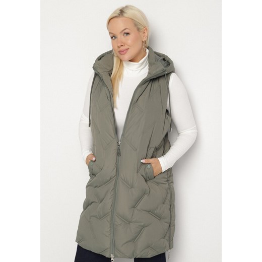 Zielona Pikowana Kamizelka z Kapturem i Kieszeniami Esarivie 4XL born2be.pl
