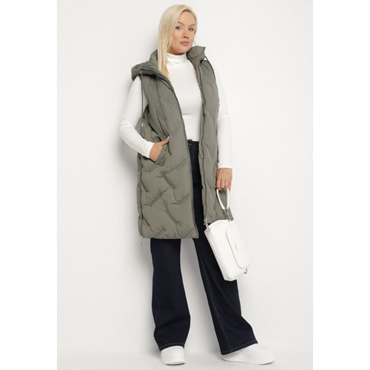 Zielona Pikowana Kamizelka z Kapturem i Kieszeniami Esarivie 5XL born2be.pl