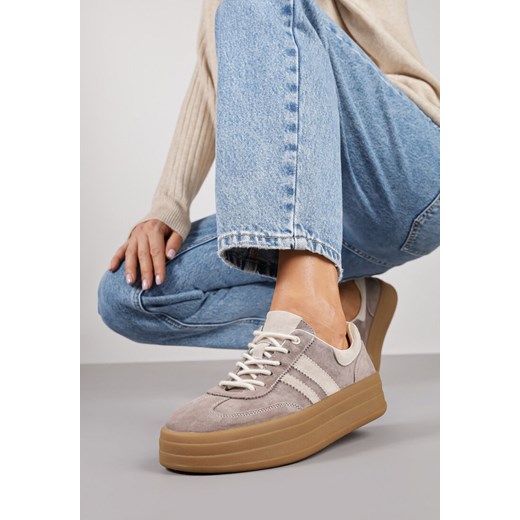 Jasnobrązowe Zamszowe Sneakersy na Grubej Podeszwie z Paskami i Skórzaną Wkładką Felenne ze sklepu born2be.pl w kategorii Buty sportowe damskie - zdjęcie 185853402