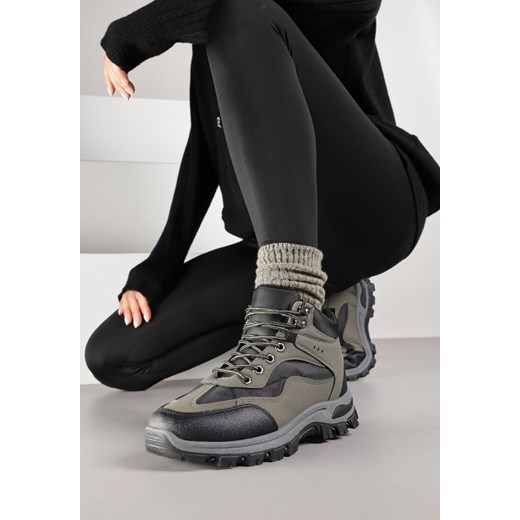 Czarno-Zielone Buty Trekkingowe Trapery Vices z Geometrycznym Wzorem Anerisse ze sklepu born2be.pl w kategorii Workery damskie - zdjęcie 185853713