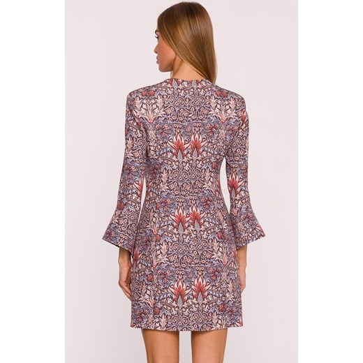 Moe sukienka we wzór z szerokimi mankietami M877/2, Kolor brązowo-czerwony, Rozmiar L, MOE ze sklepu Primodo w kategorii Sukienki - zdjęcie 185882774