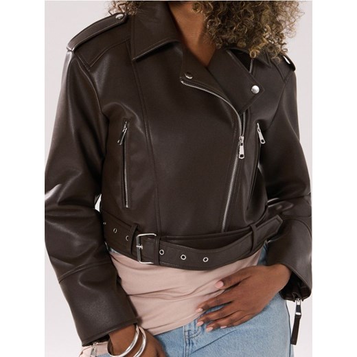 Sinsay - Kurtka biker z paskiem z imitacji skóry - brązowy ze sklepu Sinsay w kategorii Kurtki damskie - zdjęcie 185883343