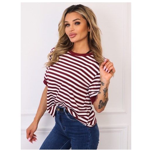 T-SHIRT OVERSIZE W BORDOWE PASKI- BIAŁY ze sklepu olika.com.pl w kategorii Bluzki damskie - zdjęcie 185883824