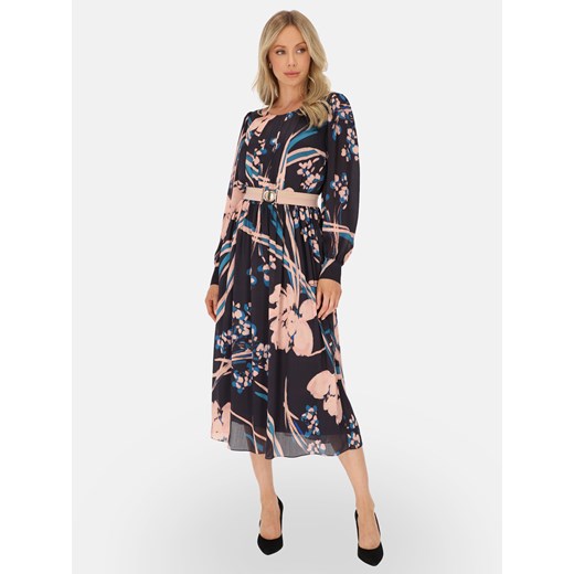 Sukienka midi z paskiem granatowa w kwiatowy print L’AF Kaila ze sklepu Eye For Fashion w kategorii Sukienki - zdjęcie 185884053