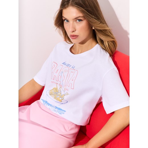 Mohito - Bawełniany t-shirt z nadrukiem - biały ze sklepu Mohito w kategorii Bluzki damskie - zdjęcie 185885113