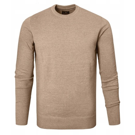Bawełniany Sweter Męski, Okrągły Dekolt - Pako Jeans - Beżowy SWPJNSsantiagoBZ ze sklepu JegoSzafa.pl w kategorii Swetry męskie - zdjęcie 185885652