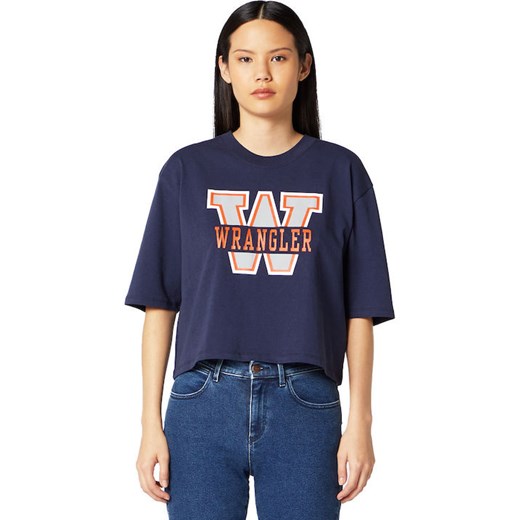 WRANGLER BOYFRIEND CROP TEE DAMSKI T-SHIRT KOSZULKA Z KRÓTKIM RĘKAWEM LOGO NADRUK NAVY W7P6GF114 112132064 ze sklepu YouNeedit.pl w kategorii Bluzki damskie - zdjęcie 185886462