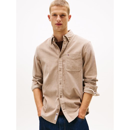 Tommy Jeans Męska koszula sztruksowa Mężczyźni Regular Fit Bawełna taupe jednolity ze sklepu vangraaf w kategorii Koszule męskie - zdjęcie 185889883
