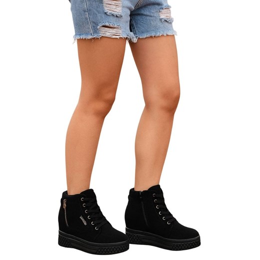 Czarne zamszowe sneakersy na koturnie i platformie /G4-3 15506 T634/ ze sklepu Pantofelek24.pl w kategorii Botki - zdjęcie 185890141