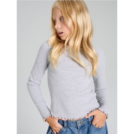 Sinsay - Prążkowana bluzka z falbankami - szary ze sklepu Sinsay w kategorii Bluzki dziewczęce - zdjęcie 185894783