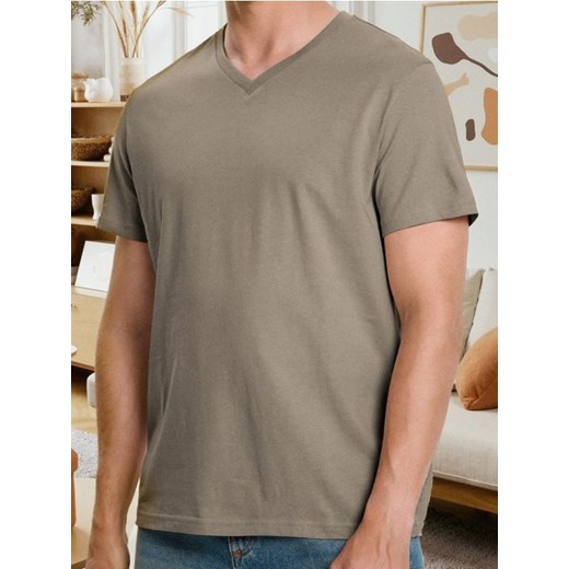 Sinsay - Koszulka basic z dekoltem w serek - brązowy ze sklepu Sinsay w kategorii T-shirty męskie - zdjęcie 185894993