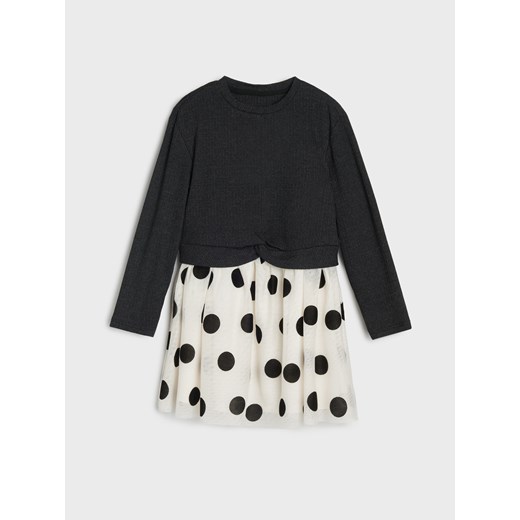 Sinsay - Sukienka z długim rękawem i tiulowym dołem w grochy - szary Sinsay 116 (5-6 l) Sinsay