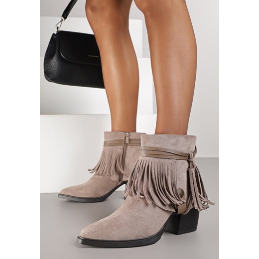 Beżowe Botki Kowbojki na Stożku Ozdobione Frędzlami Umvila Renee 41 renee.pl