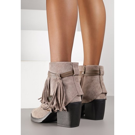 Beżowe Botki Kowbojki na Stożku Ozdobione Frędzlami Umvila Renee 37 renee.pl