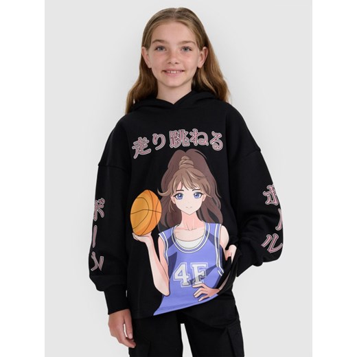 Dziewczęca bluza dresowa nierozpinana z kapturem 4F 4FJRAW25TSWSF2293 - czarna ze sklepu Sportstylestory.com w kategorii Bluzy dziewczęce - zdjęcie 185900384