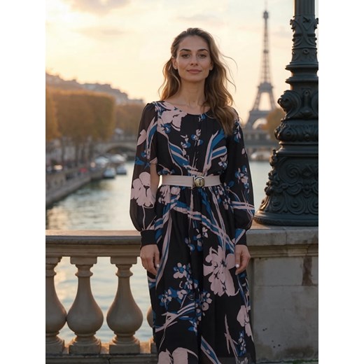 Sukienka midi z paskiem granatowa w kwiatowy print L’AF Kaila ze sklepu Eye For Fashion w kategorii Sukienki - zdjęcie 185922224